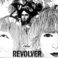 Copertina di "Revolver" dei Beatles, con volti stilizzati e i membri della band nascosti tra i capelli. Un'icona delle canzoni dei Beatles.