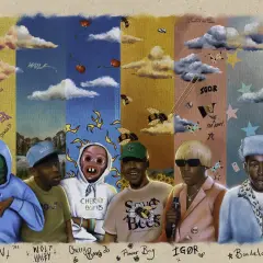 Cinque Tyler, the Creator in diverse outfit e maschere, su sfondi colorati. Se ti perdi, chiamami.