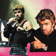 George Michael cantante in diverse pose iconiche, con look anni '80.