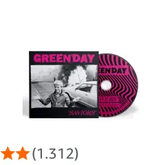 Copertina e CD di Green Day Saviors, con un ragazzo sorridente davanti a un'auto in fiamme.