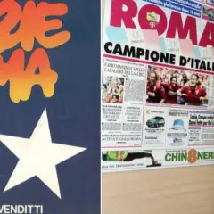 Antonello Venditti celebra la Roma campione d'Italia con la copertina del suo disco "Grazie Roma" e articoli di giornale.
