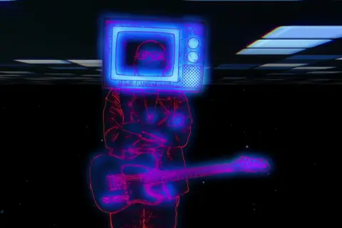 Un musicista con una TV al posto della testa, chitarra in mano, evoca l'atmosfera della discografia di Luca Carboni.