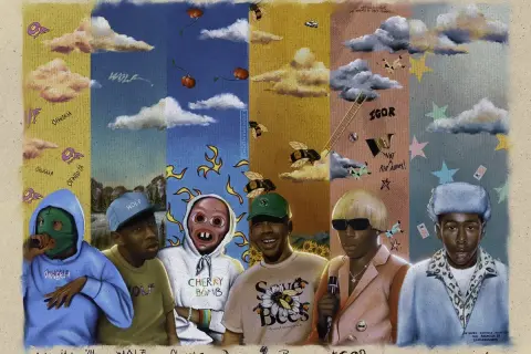 Cinque Tyler, the Creator in diverse outfit e maschere, su sfondi colorati. Se ti perdi, chiamami.
