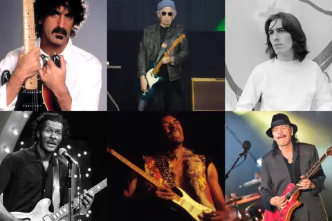 I 100 migliori chitarristi secondo Guitar World: Frank Zappa, Keith Richards, George Harrison, Chuck Berry, Jimi Hendrix e Carlos Santana.