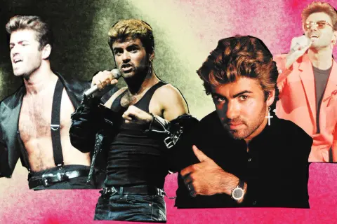 George Michael cantante in diverse pose iconiche, con look anni '80.