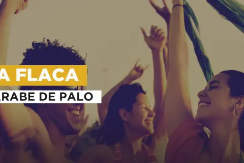 La flaca canzone risuona mentre un gruppo di amici festeggia con le braccia alzate e un drappo verde svolazzante.