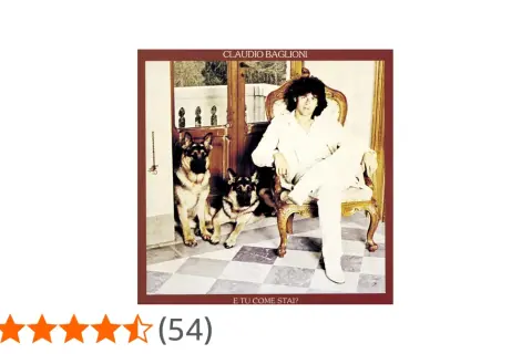 Copertina album "E tu come stai?" di Claudio Baglioni, parte della sua discografia, con lui seduto e due pastori tedeschi.