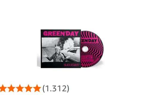 Copertina e CD di Green Day Saviors, con un ragazzo sorridente davanti a un'auto in fiamme.