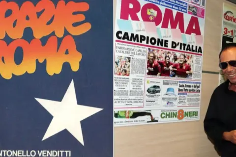 Antonello Venditti celebra la Roma campione d'Italia con la copertina del suo disco "Grazie Roma" e articoli di giornale.