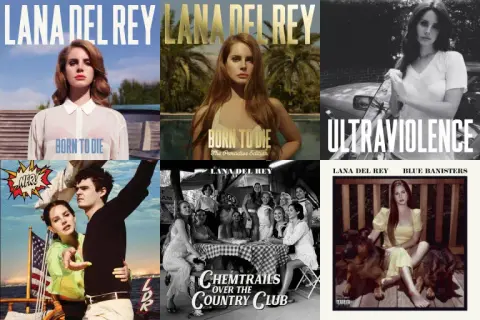 Copertine di album di Lana Del Rey: "Lana Del Rey aka Lizzy Grant", "Born to Die", "Ultraviolence", "Honeymoon", "Lust for Life", "Chemtrails over the Country Club", "Did You Know That There's a Tunnel Under Ocean Blvd".