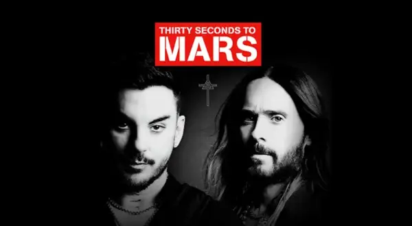 Jared Leto e Shannon Leto dei Thirty Seconds to Mars, con il logo della band in rosso.
