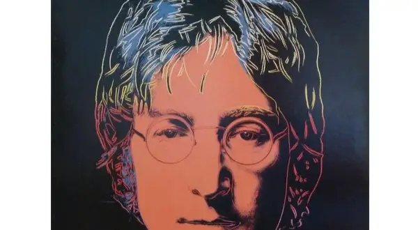 Ritratto pop art di John Lennon, con il titolo "Menlove Ave." in alto. Un'icona delle canzoni di John Lennon.