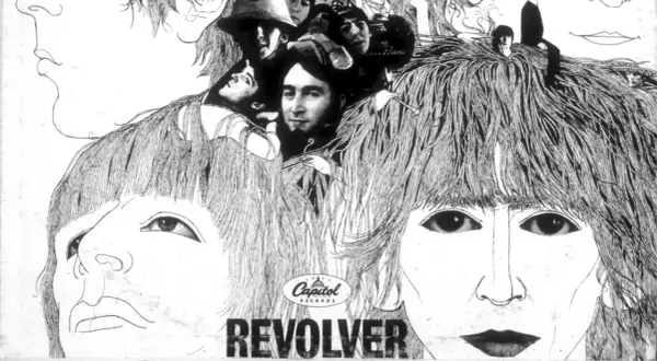 Copertina di "Revolver" dei Beatles, con volti stilizzati e i membri della band nascosti tra i capelli. Un'icona delle canzoni dei Beatles.