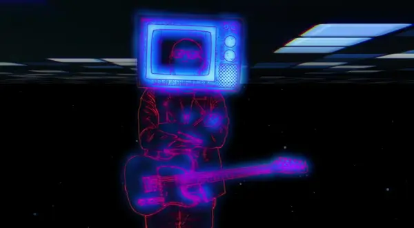 Un musicista con una TV al posto della testa, chitarra in mano, evoca l'atmosfera della discografia di Luca Carboni.