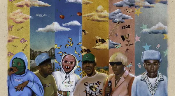 Cinque Tyler, the Creator in diverse outfit e maschere, su sfondi colorati. Se ti perdi, chiamami.