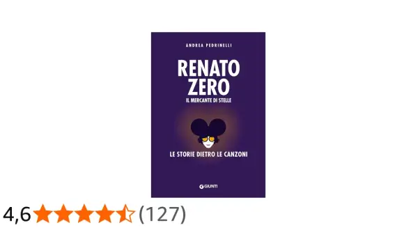 Copertina libro "Renato Zero: Il Mercante di Stelle" di Andrea Pedrinelli, che esplora la discografia e le storie dietro le canzoni.