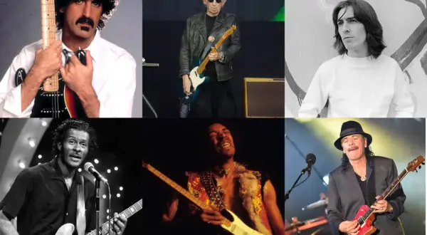 I 100 migliori chitarristi secondo Guitar World: Frank Zappa, Keith Richards, George Harrison, Chuck Berry, Jimi Hendrix e Carlos Santana.