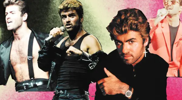 George Michael cantante in diverse pose iconiche, con look anni '80.