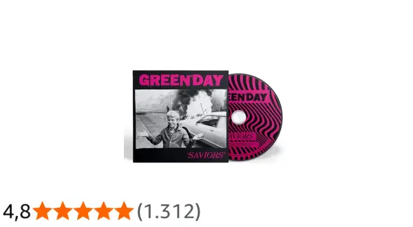 Copertina e CD di Green Day Saviors, con un ragazzo sorridente davanti a un'auto in fiamme.