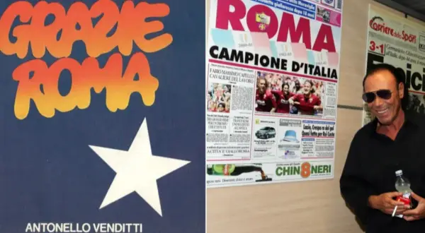 Antonello Venditti celebra la Roma campione d'Italia con la copertina del suo disco "Grazie Roma" e articoli di giornale.