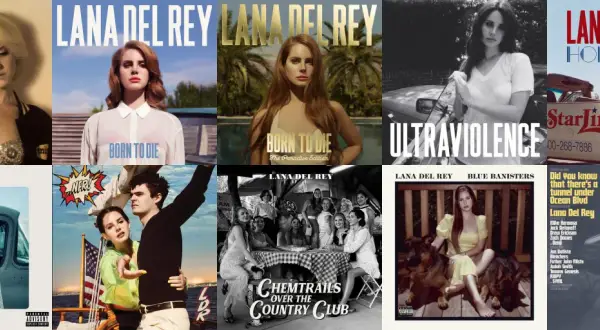 Copertine di album di Lana Del Rey: "Lana Del Rey aka Lizzy Grant", "Born to Die", "Ultraviolence", "Honeymoon", "Lust for Life", "Chemtrails over the Country Club", "Did You Know That There's a Tunnel Under Ocean Blvd".
