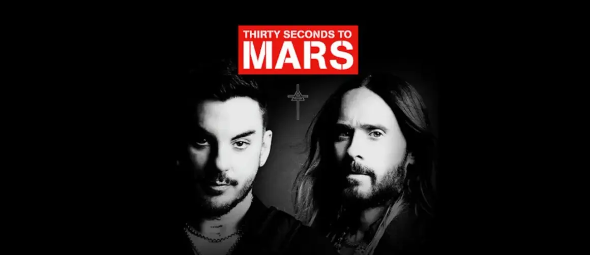 Jared Leto e Shannon Leto dei Thirty Seconds to Mars, con il logo della band in rosso.