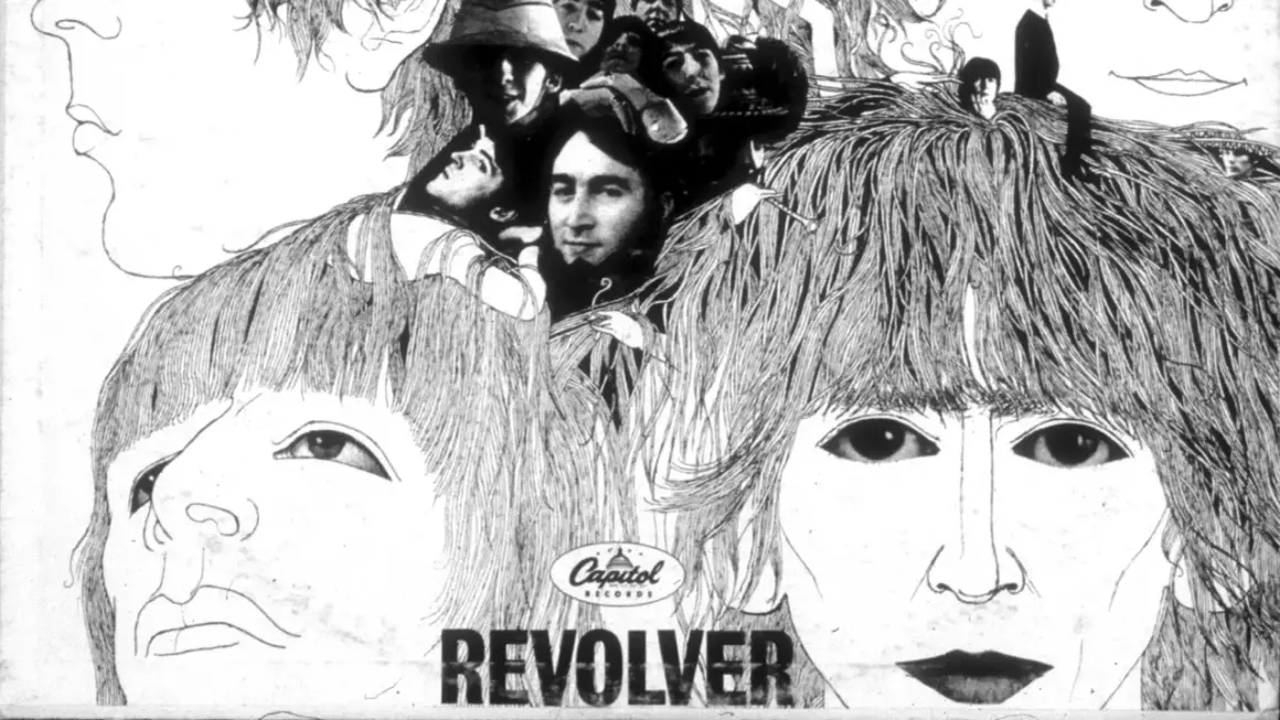 Copertina di "Revolver" dei Beatles, con volti stilizzati e i membri della band nascosti tra i capelli. Un'icona delle canzoni dei Beatles.