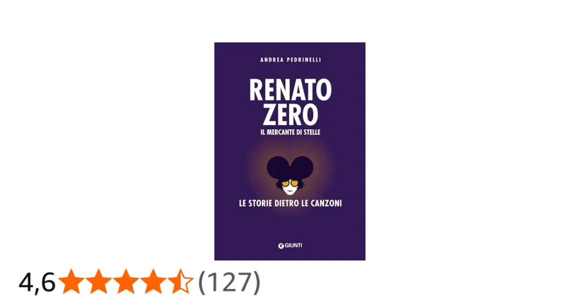 Copertina libro "Renato Zero: Il Mercante di Stelle" di Andrea Pedrinelli, che esplora la discografia e le storie dietro le canzoni.