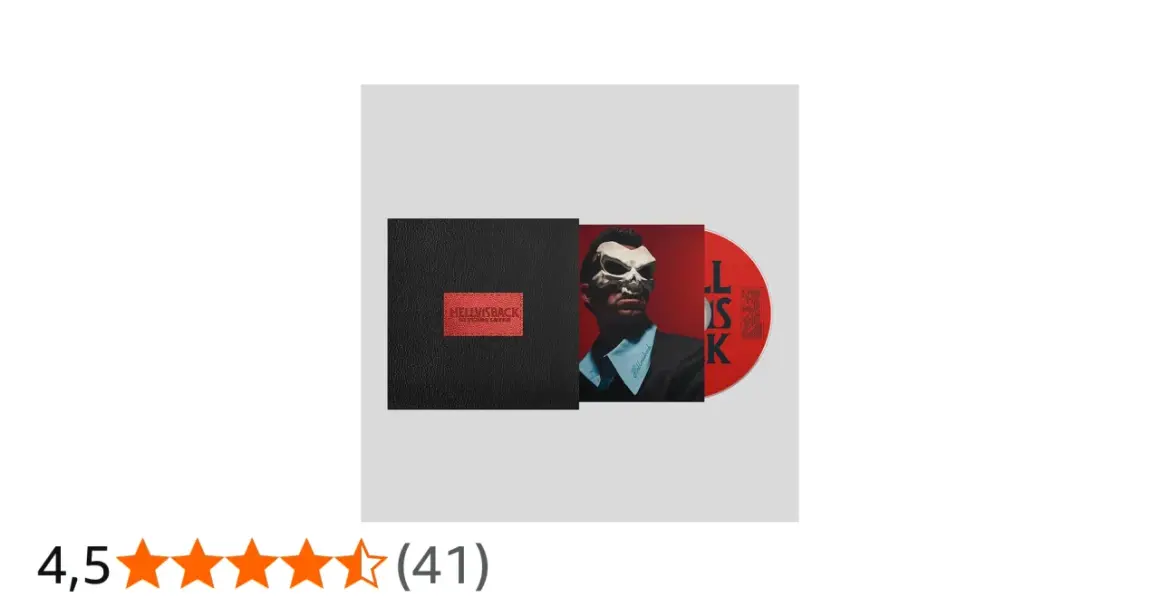 Copertina del nuovo album di Salmo, "Hellvisback", con un uomo mascherato e il CD rosso.