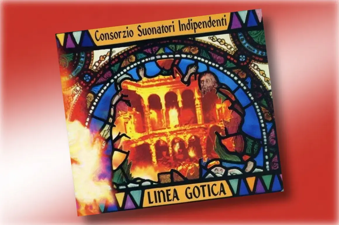Copertina album "Linea Gotica" del Consorzio Suonatori Indipendenti, con un'illustrazione in stile vetrata che raffigura un edificio in fiamme.