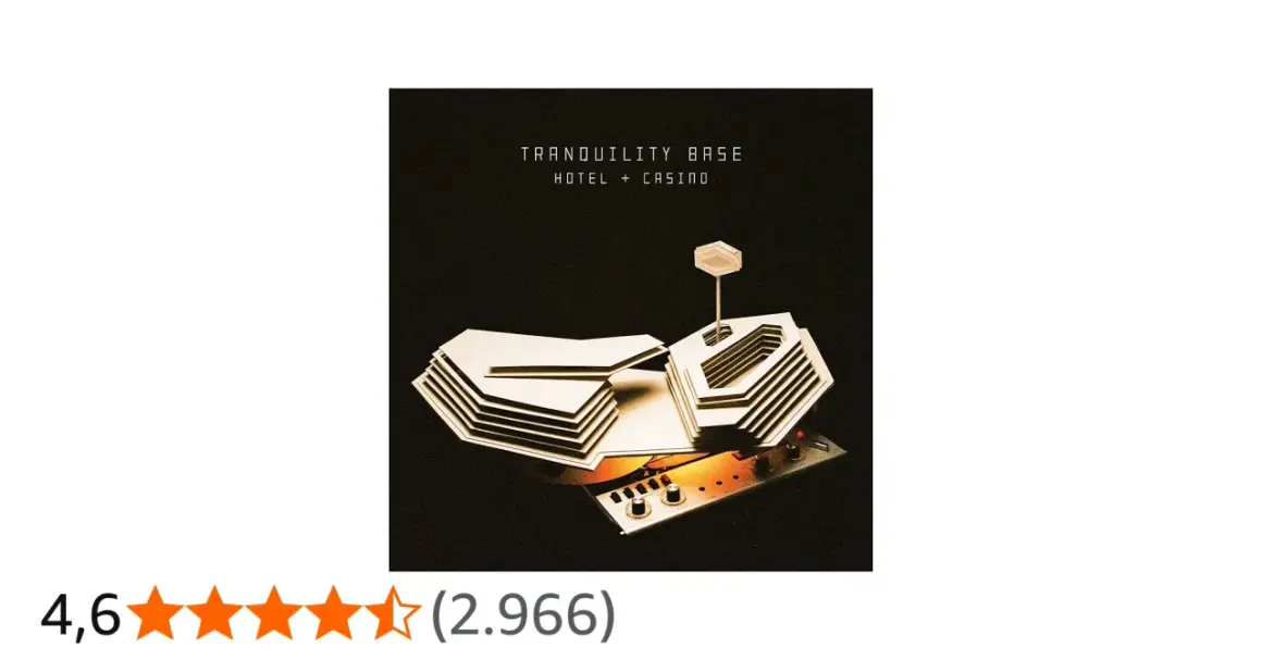 Copertina dell'album Tranquility Base Hotel & Casino, con un modello futuristico di edificio e un pannello di controllo.