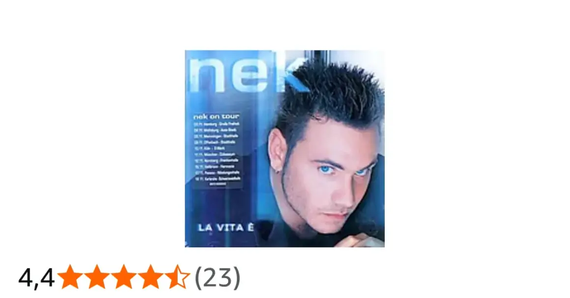Copertina di "La Vita È" di Nek, con il cantante in primo piano e la lista delle date del suo tour. Le canzoni di Nek sono un successo.