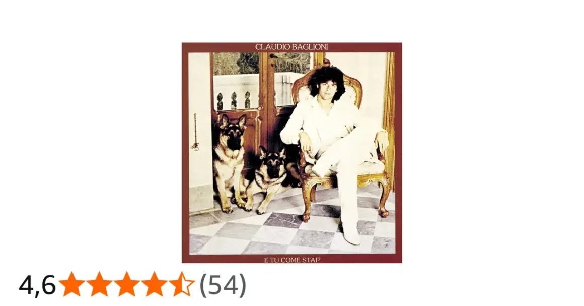 Copertina album "E tu come stai?" di Claudio Baglioni, parte della sua discografia, con lui seduto e due pastori tedeschi.