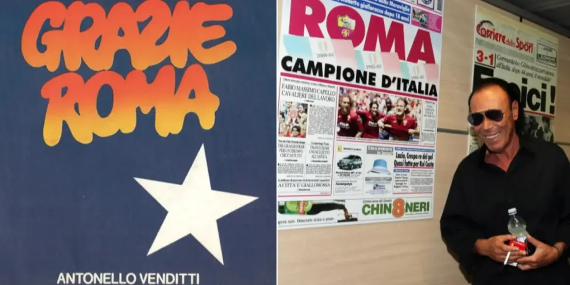 Antonello Venditti celebra la Roma campione d'Italia con la copertina del suo disco "Grazie Roma" e articoli di giornale.