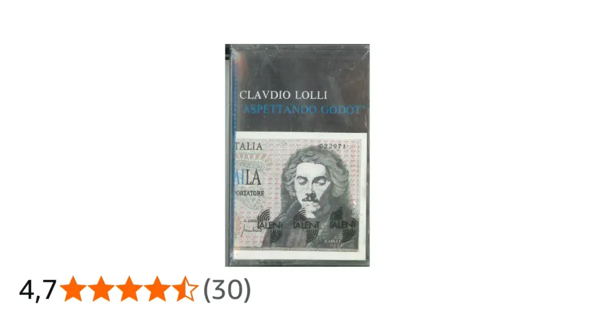 Copertina cassetta "Claudio Lolli Aspettando Godot", con ritratto di uomo su sfondo di banconota italiana.