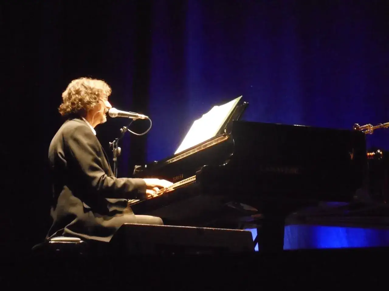 Sergio Cammariere, con la sua voce inconfondibile, interpreta le sue canzoni al pianoforte su un palco illuminato.