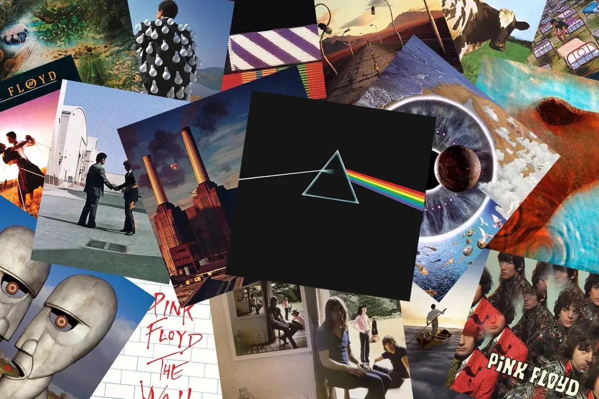 Collage di copertine di album di Pink Floyd: The Dark Side of the Moon, Animals, Wish You Were Here e The Wall.