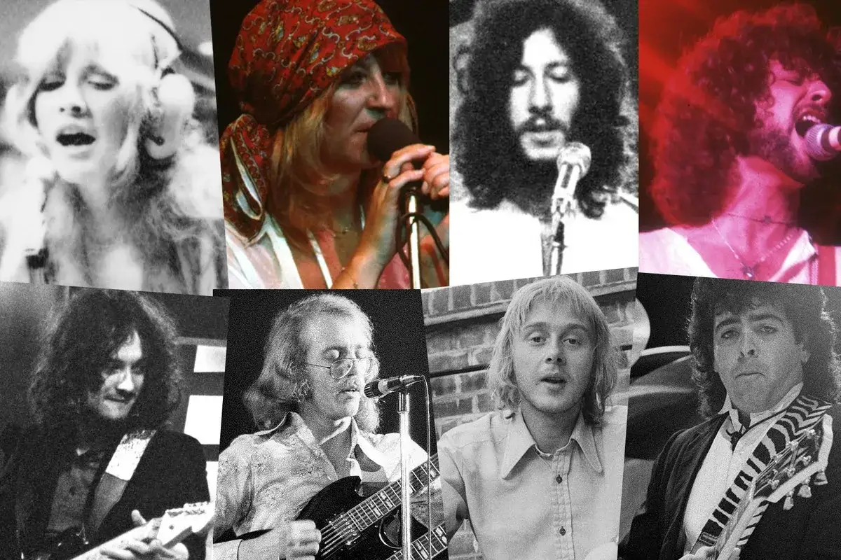 Collage di membri dei Fleetwood Mac: Stevie Nicks, Christine McVie, Mick Fleetwood, John McVie, Lindsey Buckingham e altri.