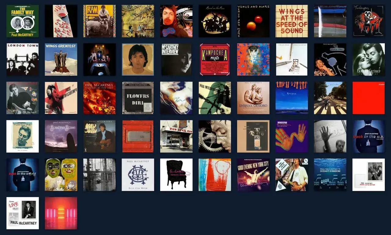 Raccolta di copertine di album di Paul McCartney, con titoli come