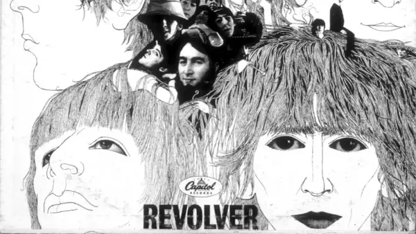 Copertina di "Revolver" dei Beatles, con volti stilizzati e i membri della band nascosti tra i capelli. Un'icona delle canzoni dei Beatles.