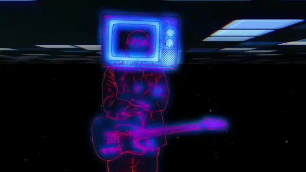 Un musicista con una TV al posto della testa, chitarra in mano, evoca l'atmosfera della discografia di Luca Carboni.
