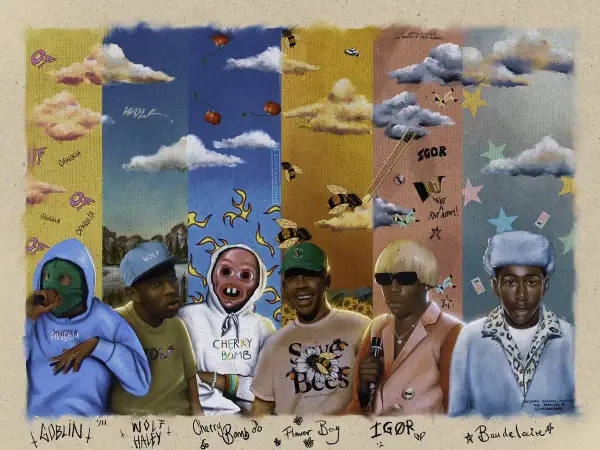 Cinque Tyler, the Creator in diverse outfit e maschere, su sfondi colorati. Se ti perdi, chiamami.