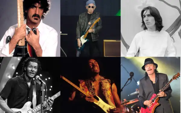 I 100 migliori chitarristi secondo Guitar World: Frank Zappa, Keith Richards, George Harrison, Chuck Berry, Jimi Hendrix e Carlos Santana.
