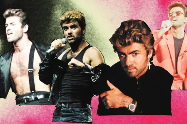 George Michael cantante in diverse pose iconiche, con look anni '80.