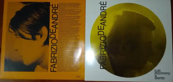 Copertina album "tutti morimmo a stento" di Fabrizio De André, con profilo di un uomo su sfondo giallo e testo verticale.