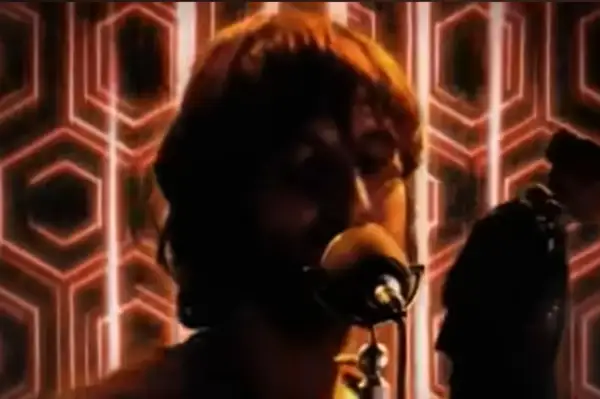 Un uomo con capelli castani canta al microfono, sullo sfondo un motivo esagonale rosso. Sembra che baustelle charlie fa surf con la sua musica.