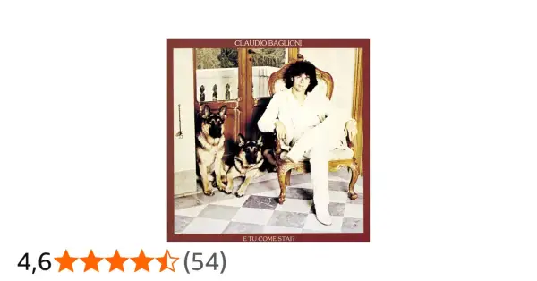 Copertina album "E tu come stai?" di Claudio Baglioni, parte della sua discografia, con lui seduto e due pastori tedeschi.
