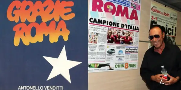 Antonello Venditti celebra la Roma campione d'Italia con la copertina del suo disco "Grazie Roma" e articoli di giornale.