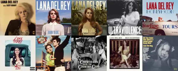 Copertine di album di Lana Del Rey: "Lana Del Rey aka Lizzy Grant", "Born to Die", "Ultraviolence", "Honeymoon", "Lust for Life", "Chemtrails over the Country Club", "Did You Know That There's a Tunnel Under Ocean Blvd".